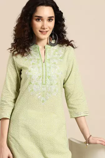 women green floral yoke design thread work pastels kurta