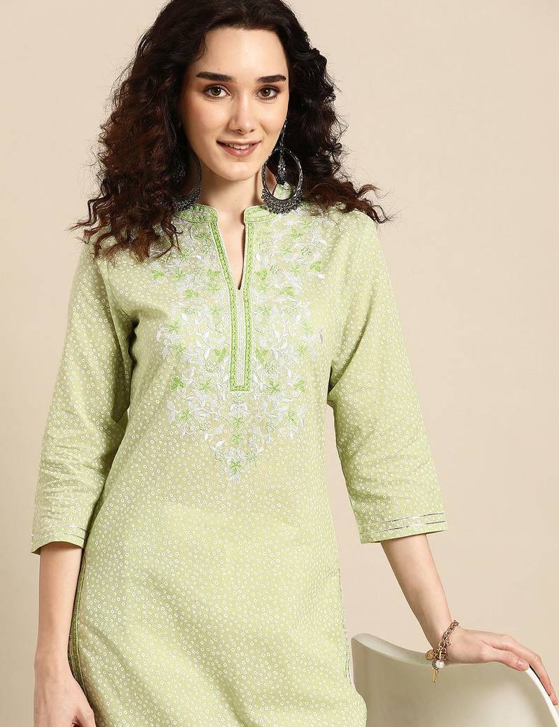 women green floral yoke design thread work pastels kurta