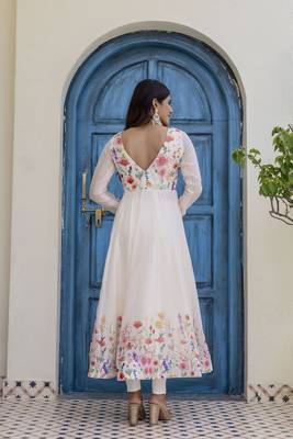  off-white organza floral printed anarkali gown set with dupatta & pant 3