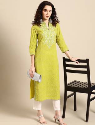 women lime green floral embroidered thread work pastels kurta 1