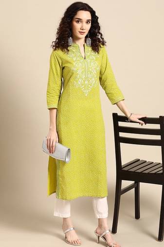 women lime green floral embroidered thread work pastels kurta