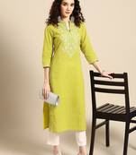 women lime green floral embroidered thread work pastels kurta