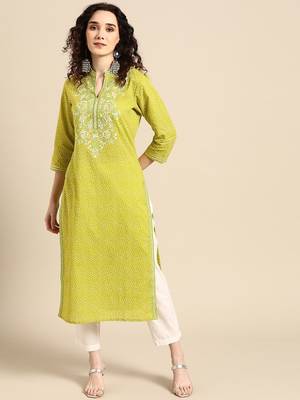 women lime green floral embroidered thread work pastels kurta 2