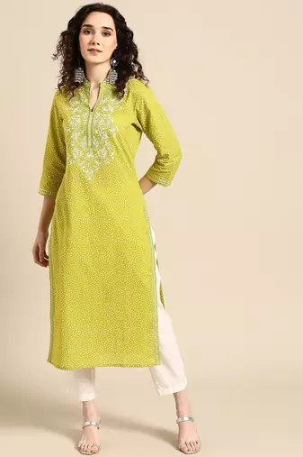 women lime green floral embroidered thread work pastels kurta