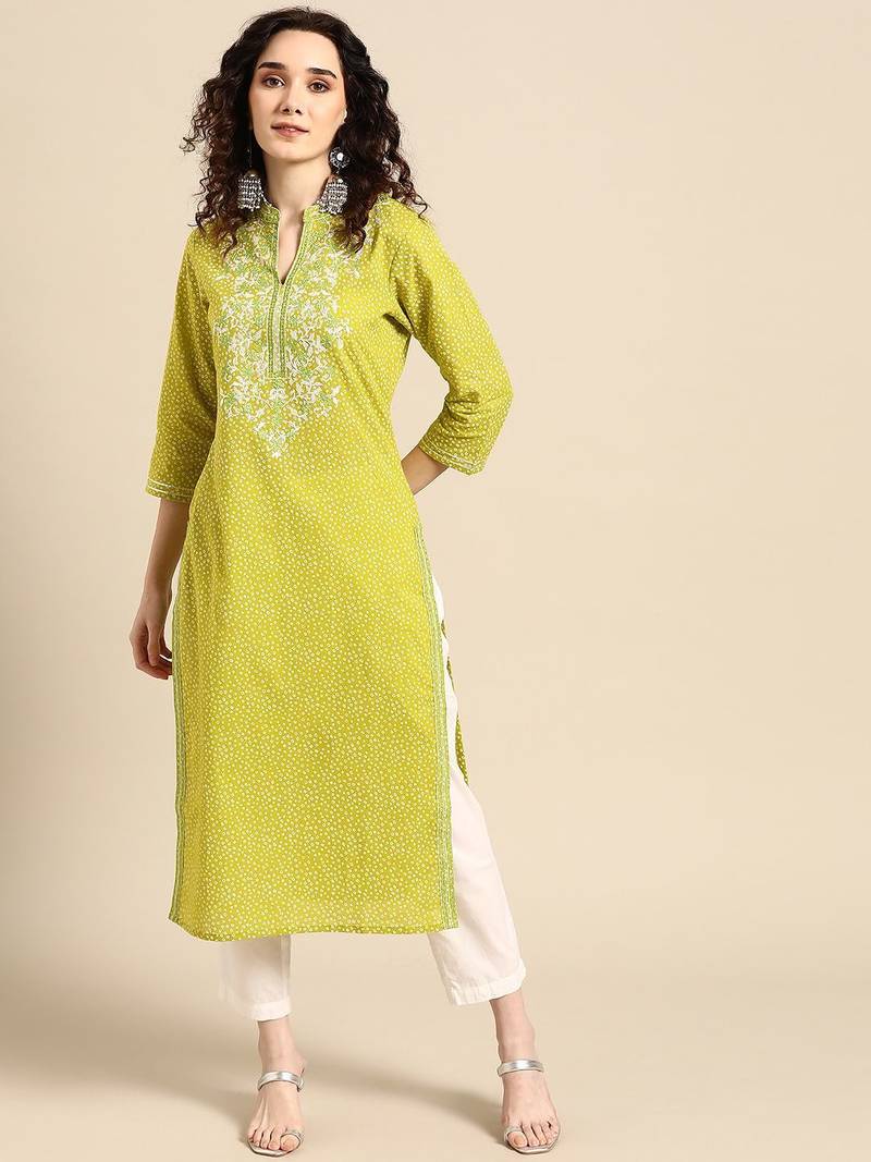women lime green floral embroidered thread work pastels kurta