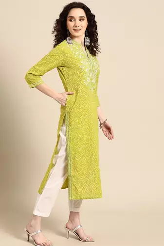women lime green floral embroidered thread work pastels kurta