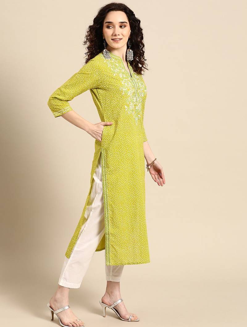 women lime green floral embroidered thread work pastels kurta