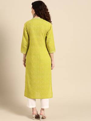 women lime green floral embroidered thread work pastels kurta 4