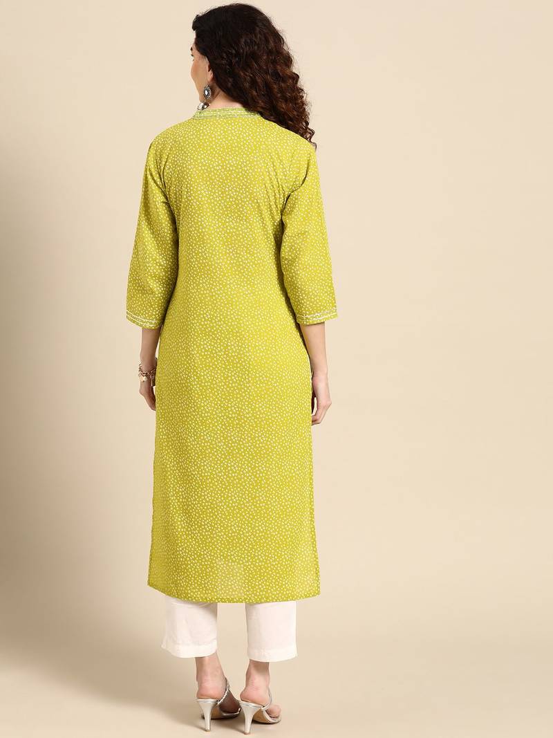 women lime green floral embroidered thread work pastels kurta