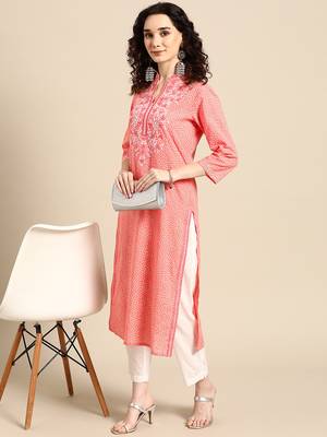 women pink bandhani printed thread work pastels kurta 1