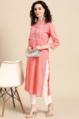 women pink bandhani printed thread work pastels kurta