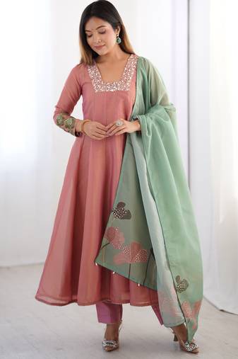  peach pure tissue anarkali suit with handwork and printed organza dupatta