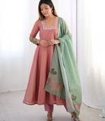  peach pure tissue anarkali suit with handwork and printed organza dupatta