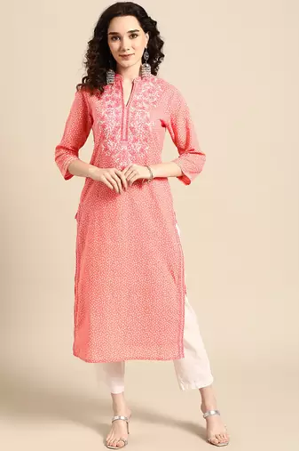 women pink bandhani printed thread work pastels kurta