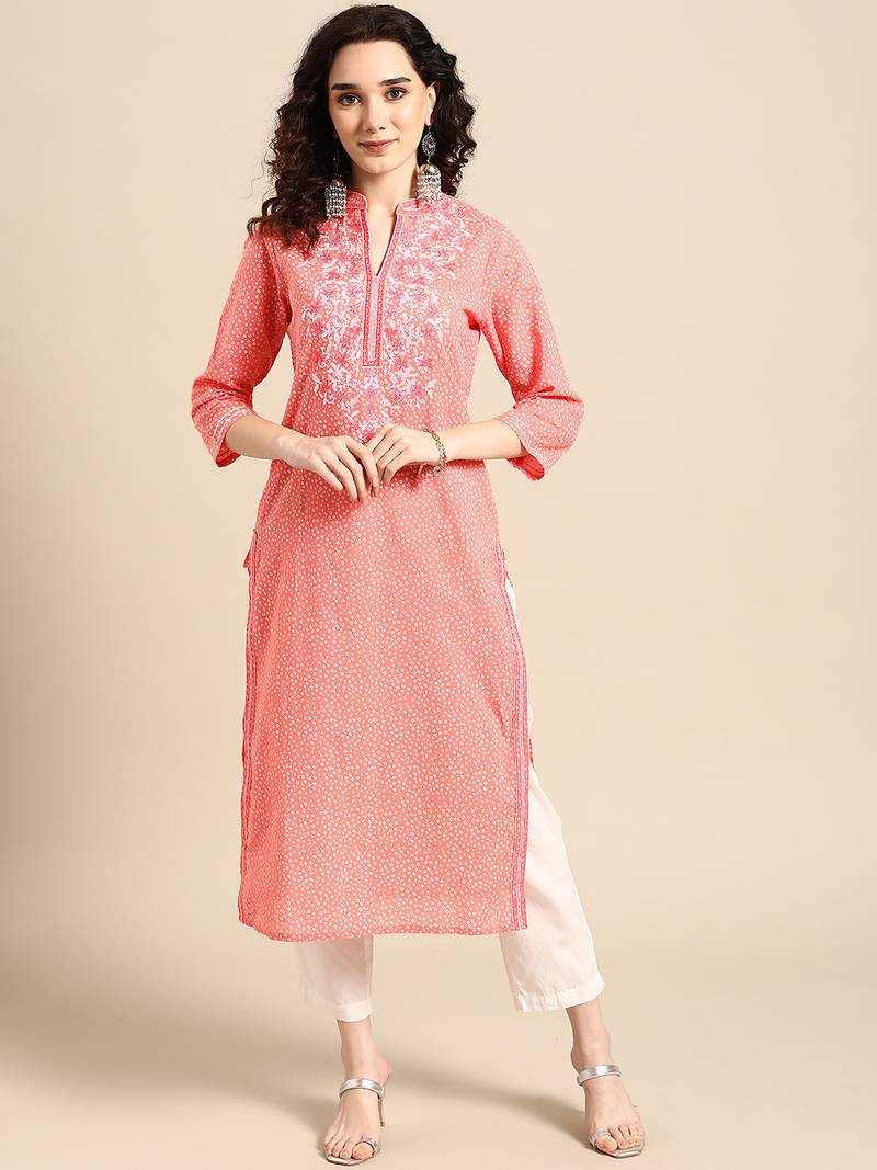 women pink bandhani printed thread work pastels kurta