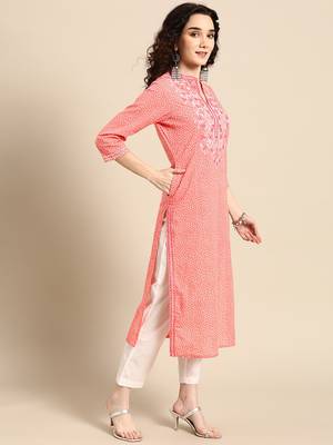 women pink bandhani printed thread work pastels kurta 3