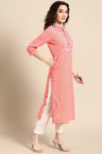 women pink bandhani printed thread work pastels kurta
