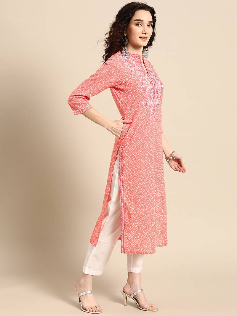 women pink bandhani printed thread work pastels kurta