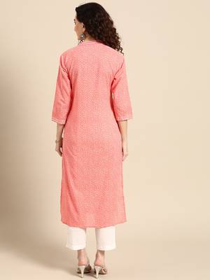 women pink bandhani printed thread work pastels kurta 4