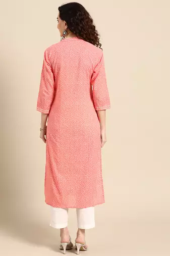 women pink bandhani printed thread work pastels kurta