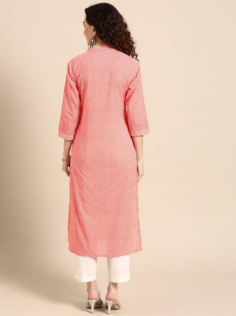 women pink bandhani printed thread work pastels kurta