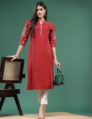Women ethnic motifs embroidered cotton straight kurta 1