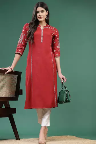 Women ethnic motifs embroidered cotton straight kurta
