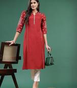 Women ethnic motifs embroidered cotton straight kurta