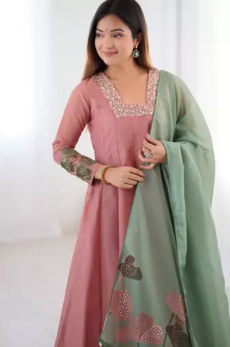  peach pure tissue anarkali suit with handwork and printed organza dupatta