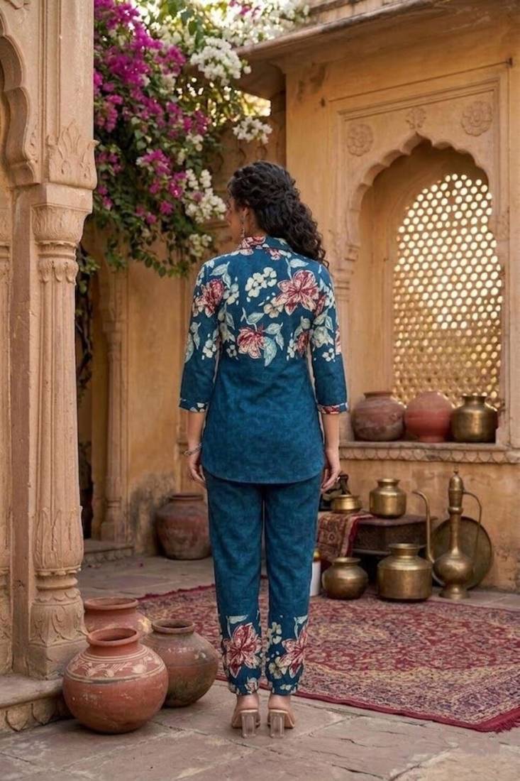 Blue floral printed co-ord set for women