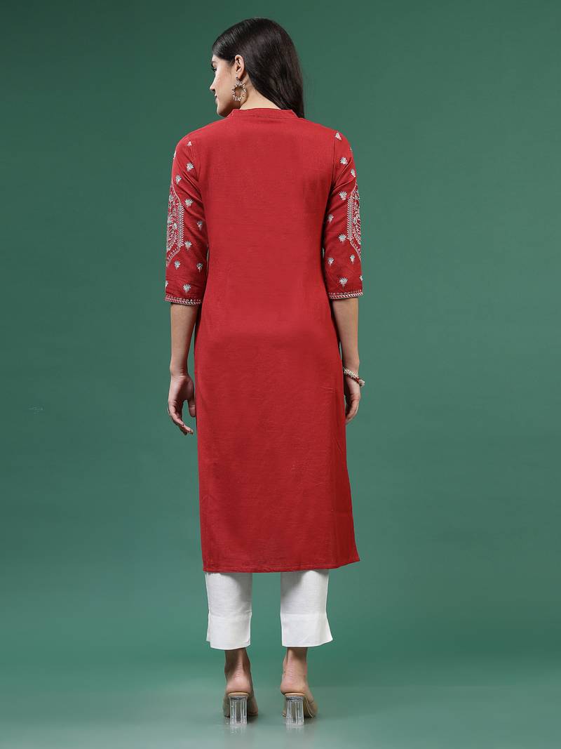 Women ethnic motifs embroidered cotton straight kurta