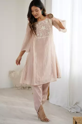 elegant ivory organza kurta with hand-worked bead embroidery