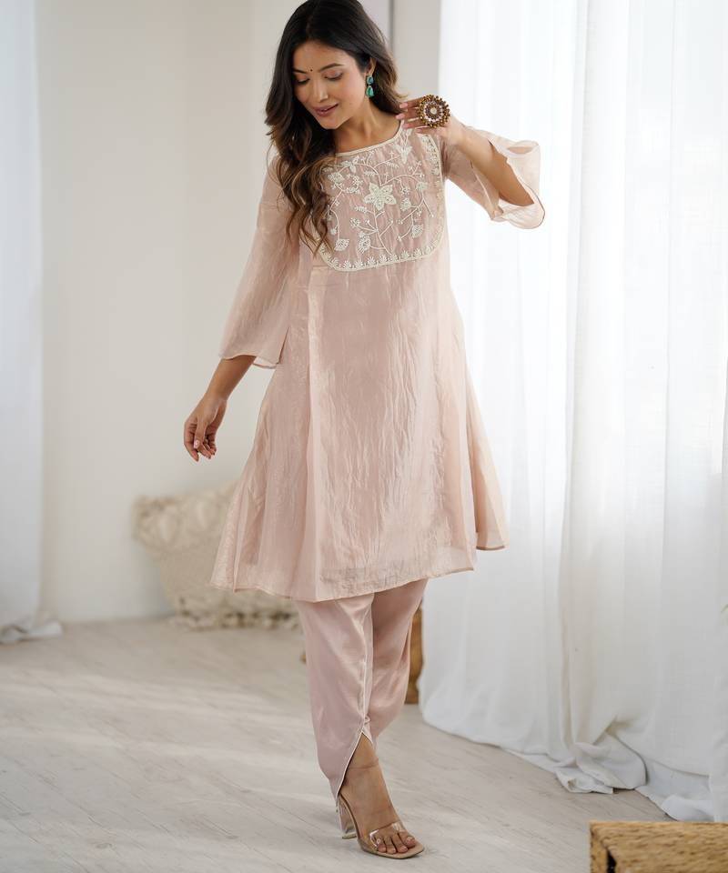 elegant ivory organza kurta with hand-worked bead embroidery
