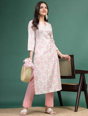 Women floral printed cotton notch neck straight kurta 1