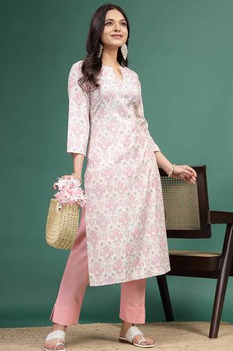 Women floral printed cotton notch neck straight kurta