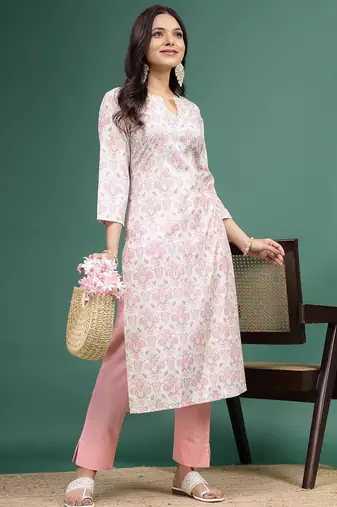 Women floral printed cotton notch neck straight kurta