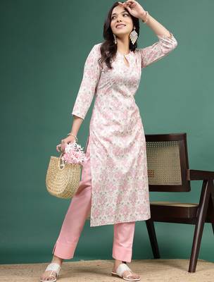 Women floral printed cotton notch neck straight kurta 2