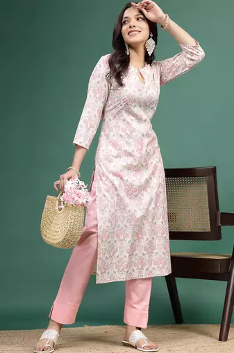 Women floral printed cotton notch neck straight kurta