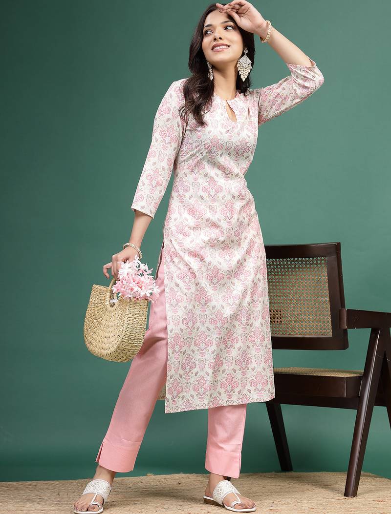 Women floral printed cotton notch neck straight kurta