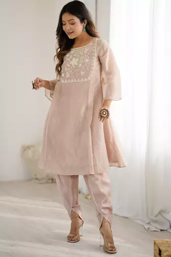 elegant ivory organza kurta with hand-worked bead embroidery