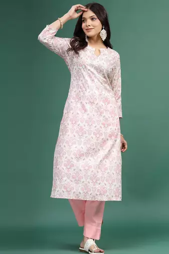 Women floral printed cotton notch neck straight kurta