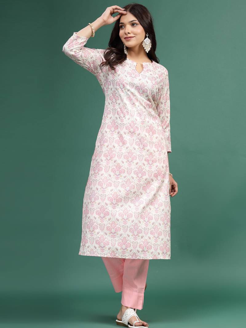 Women floral printed cotton notch neck straight kurta