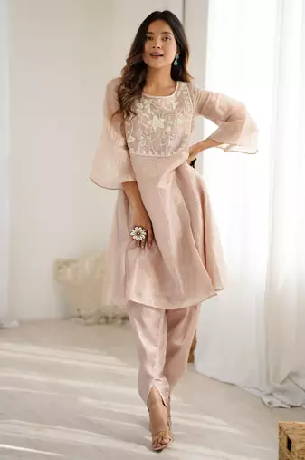 elegant ivory organza kurta with hand-worked bead embroidery