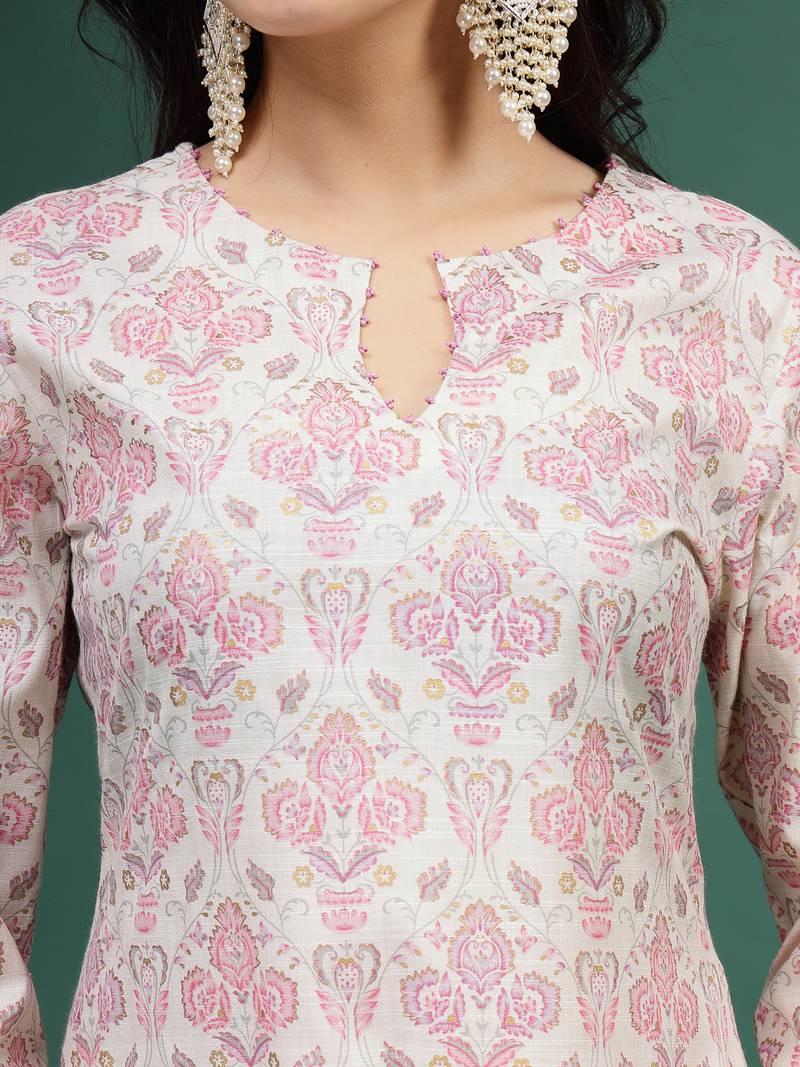 Women floral printed cotton notch neck straight kurta