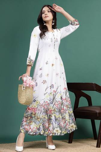 Women white floral printed a-line ethnic dress