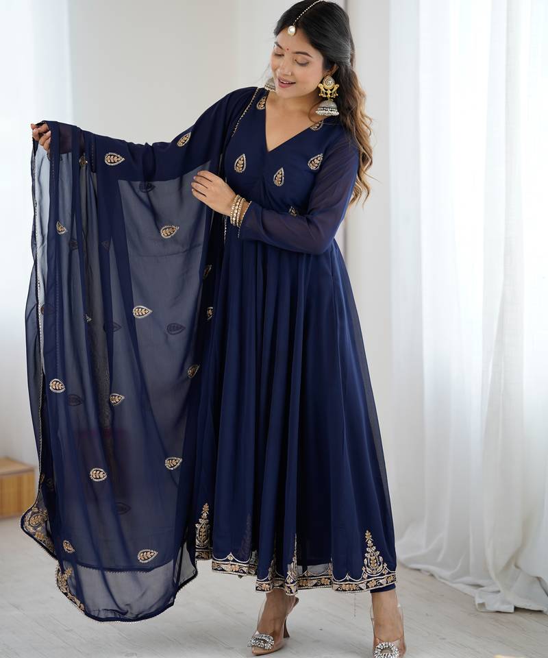  navy blue georgette anarkali suit set with zari & sequins embroidery