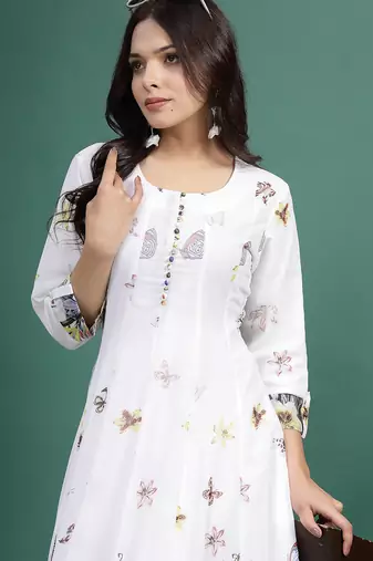 Women white floral printed a-line ethnic dress