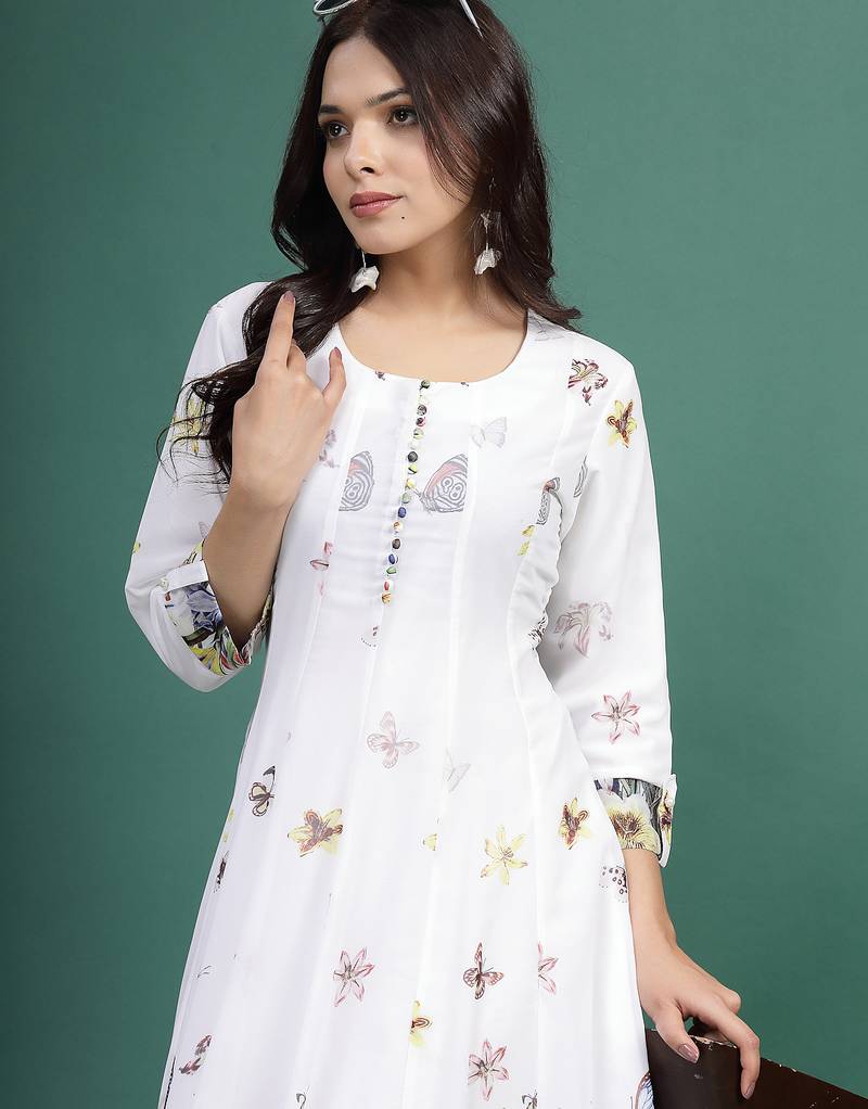 Women white floral printed a-line ethnic dress