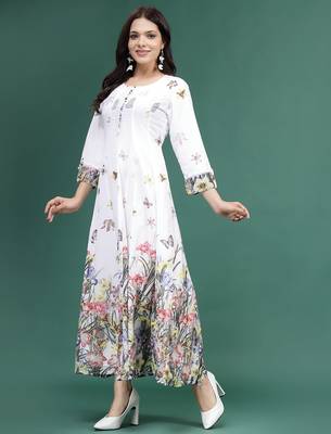 Women white floral printed a-line ethnic dress 4