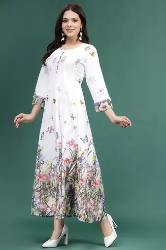 Women white floral printed a-line ethnic dress